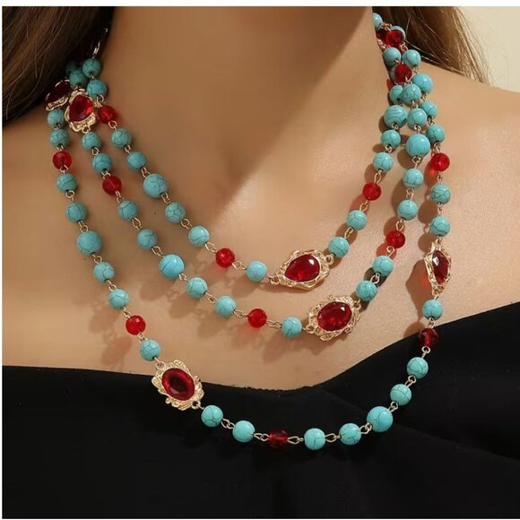 Extra Long 60" Beaded Imitation Turquoise Necklace with Red Accents Gold Tone - Picture 1 of 3